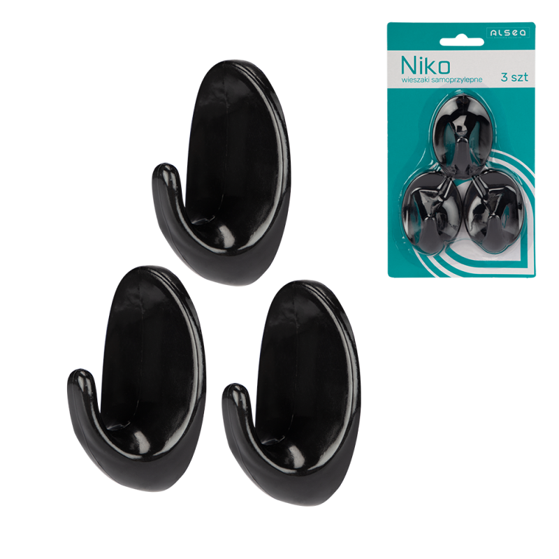 Komplet wieszaków samoprzylepnych plastikowych NIKO 3 sztuki 26258 czarny