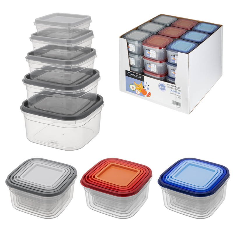 Komplet pojemników kwadratowych KLIC BOX 5 sztuk (0,4/0,7/1,0/1,6/2,4l) 28923 (display 36 kompletów)