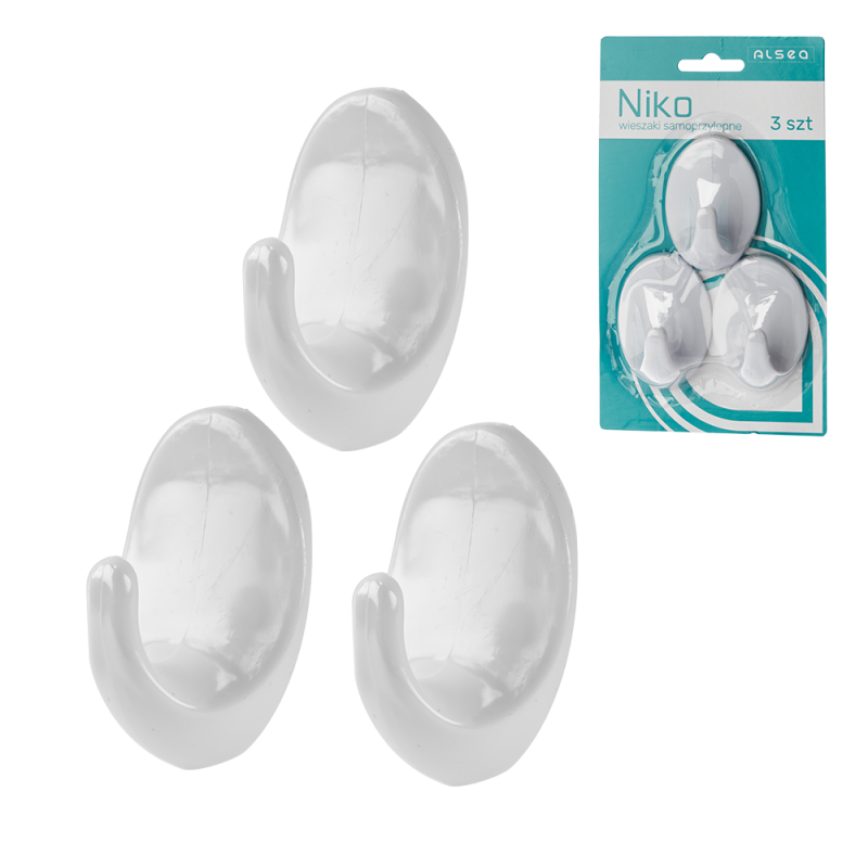 Komplet wieszaków samoprzylepnych plastikowych NIKO 3 sztuki 26258 biały