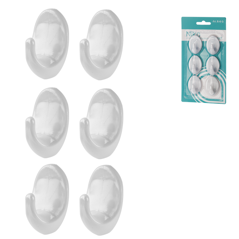 Komplet wieszaków samoprzylepnych plastikowych NIKO 6 sztuk 26257 biały