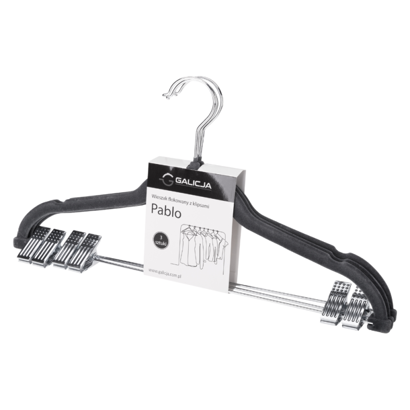 Komplet wieszaków flokowanych z klipsami PABLO 3 sztuki 11987